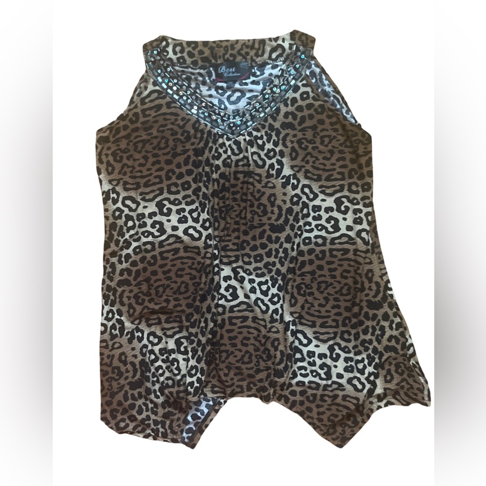 Leopard print sleeveless top with sequins collar - M